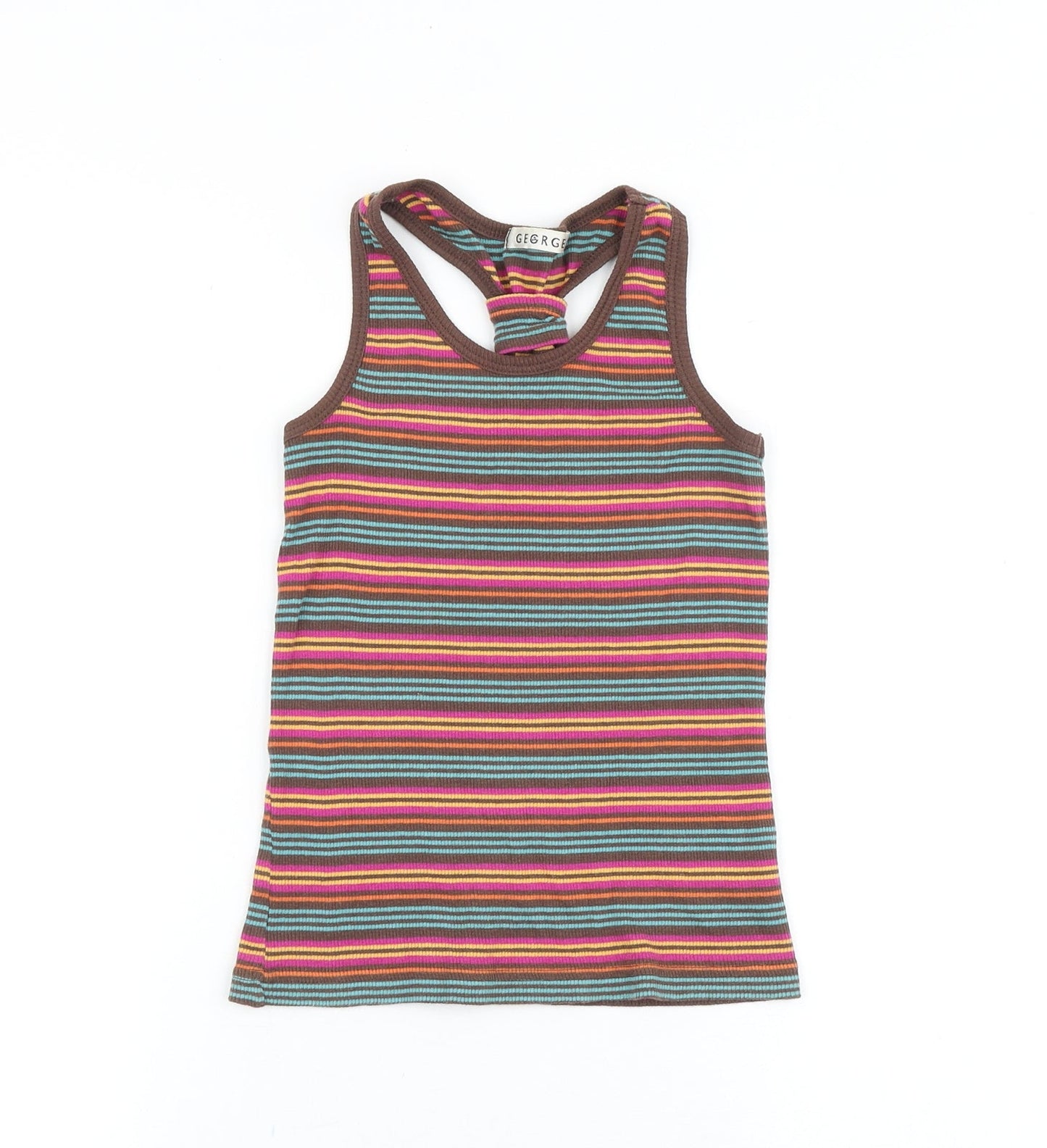 George Girls Brown Striped 100% Cotton Basic Tank Size 7-8 Years Round Neck Pullover
