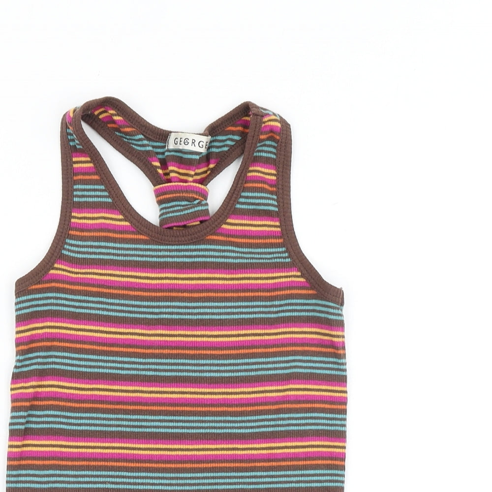George Girls Brown Striped 100% Cotton Basic Tank Size 7-8 Years Round Neck Pullover