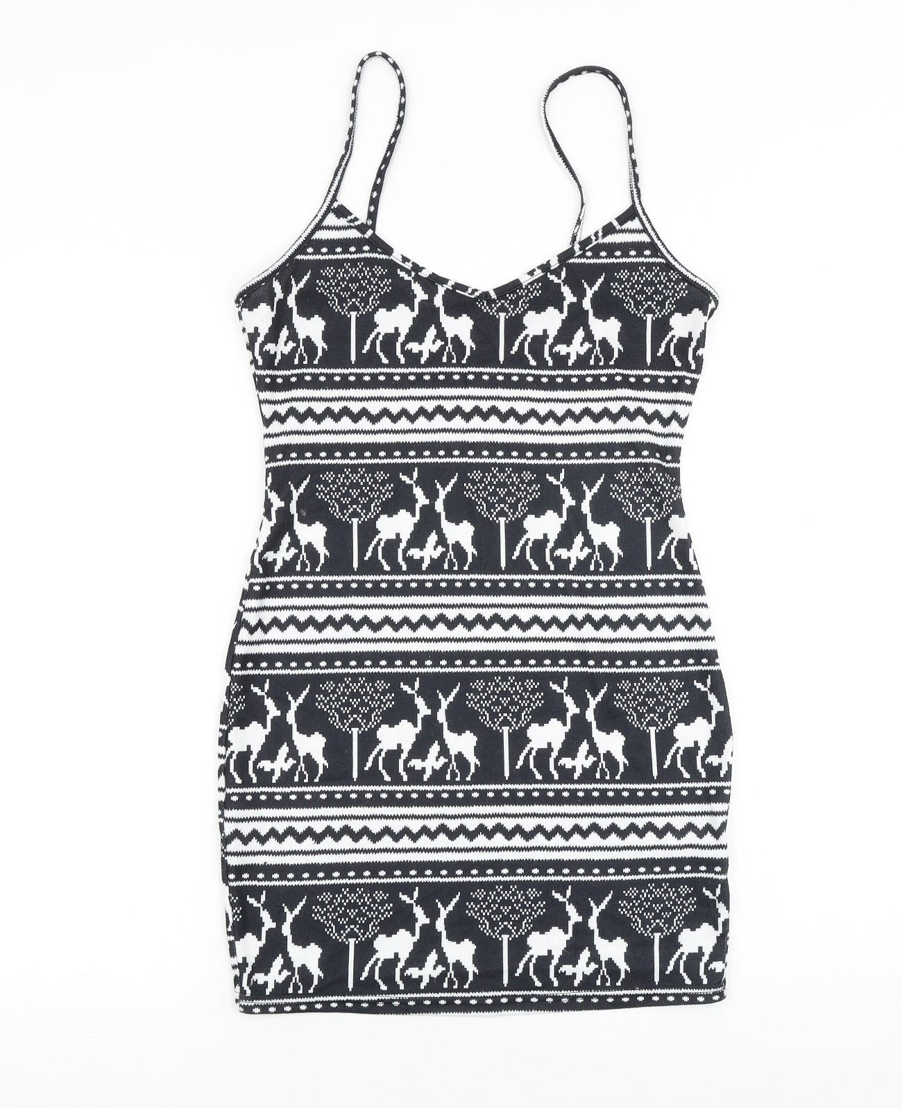 SheIn Womens Black Geometric Polyester Mini Size S V-Neck Pullover