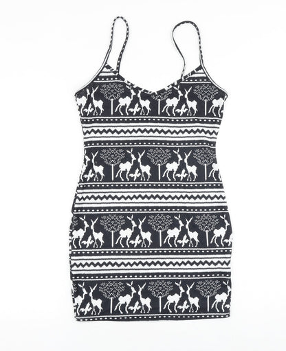 SheIn Womens Black Geometric Polyester Mini Size S V-Neck Pullover