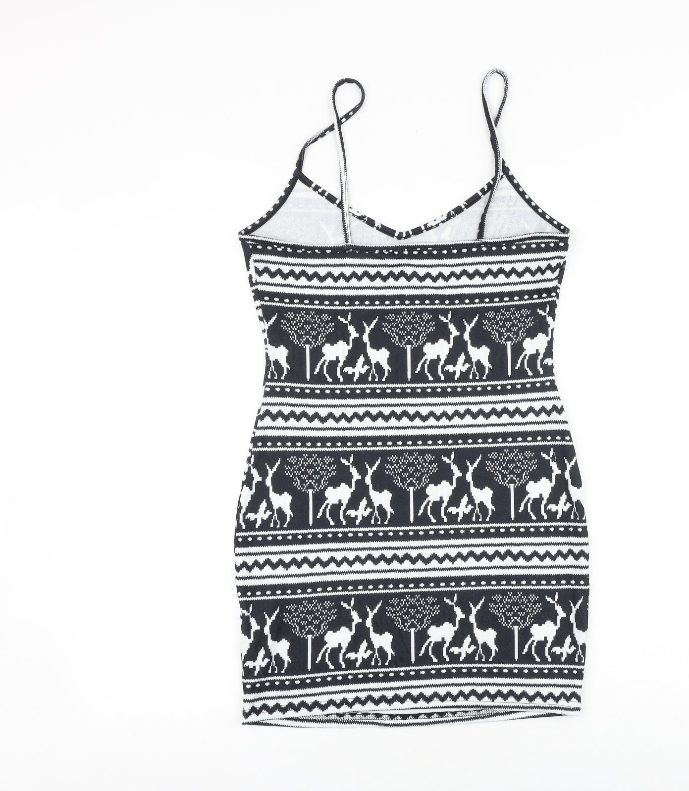 SheIn Womens Black Geometric Polyester Mini Size S V-Neck Pullover