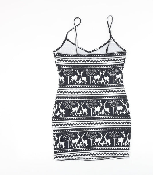 SheIn Womens Black Geometric Polyester Mini Size S V-Neck Pullover