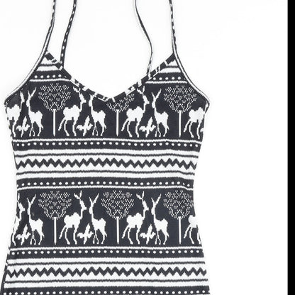 SheIn Womens Black Geometric Polyester Mini Size S V-Neck Pullover