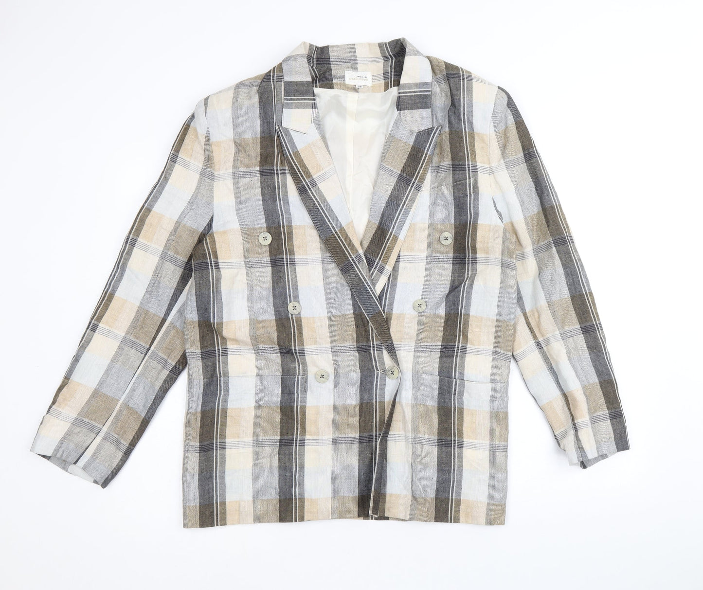 Woman Exclusive Womens Beige Plaid Ramie Jacket Suit Jacket Size 8