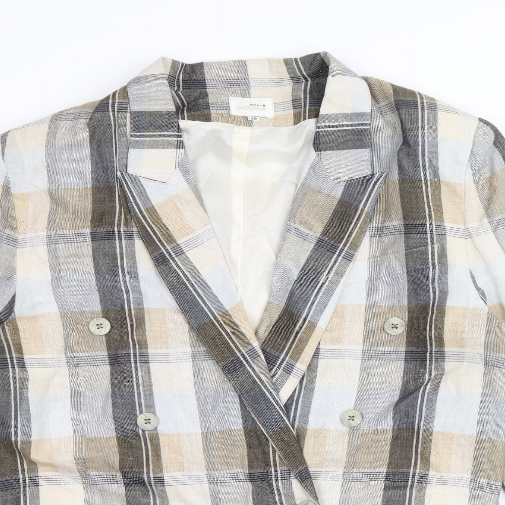 Woman Exclusive Womens Beige Plaid Ramie Jacket Suit Jacket Size 8