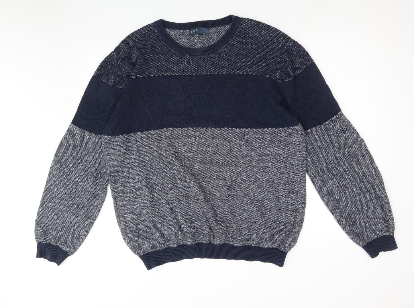 Easy Mens Blue Round Neck Cotton Pullover Jumper Size L Long Sleeve - Colourblock