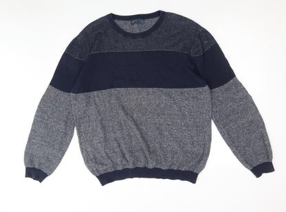 Easy Mens Blue Round Neck Cotton Pullover Jumper Size L Long Sleeve - Colourblock