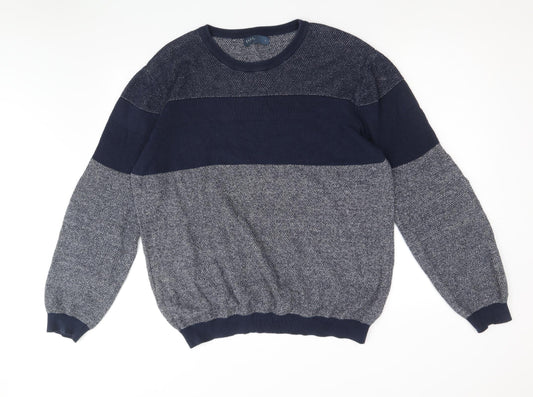 Easy Mens Blue Round Neck Cotton Pullover Jumper Size L Long Sleeve - Colourblock