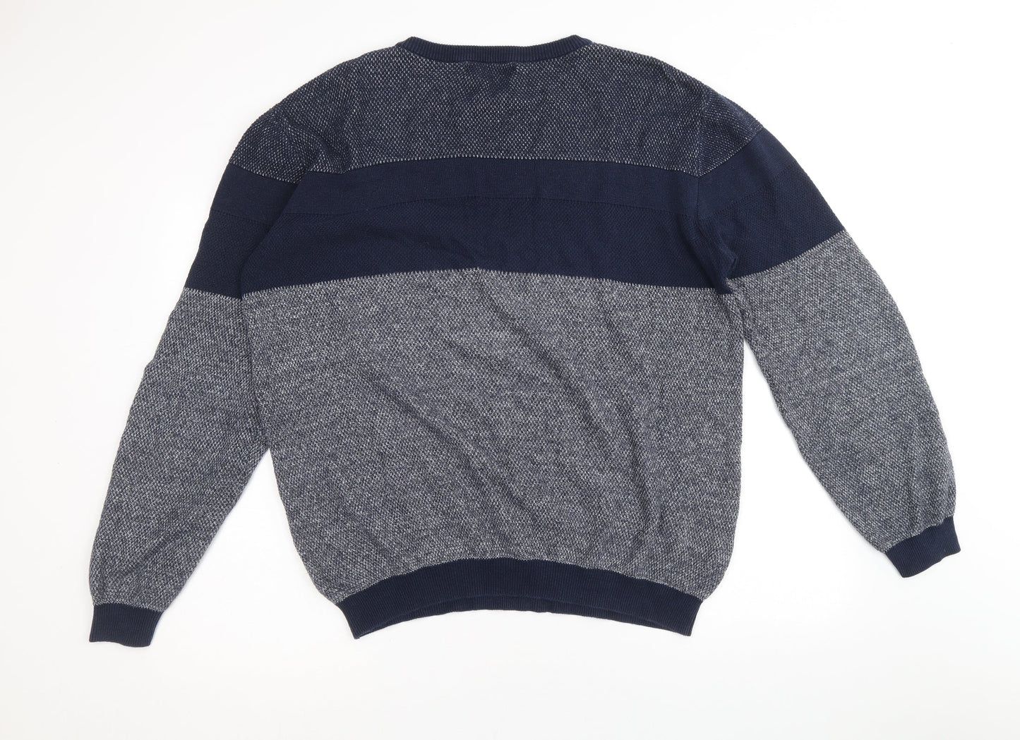 Easy Mens Blue Round Neck Cotton Pullover Jumper Size L Long Sleeve - Colourblock