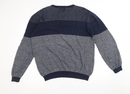 Easy Mens Blue Round Neck Cotton Pullover Jumper Size L Long Sleeve - Colourblock