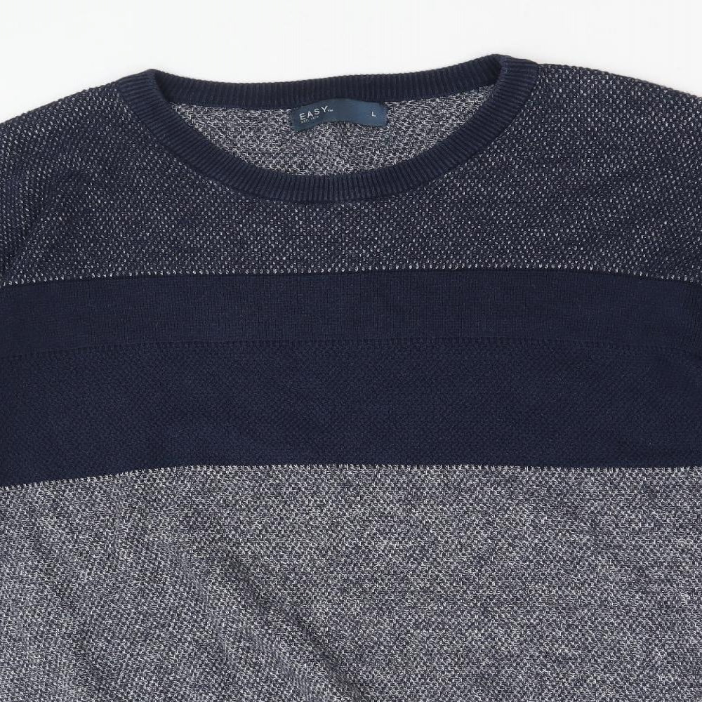 Easy Mens Blue Round Neck Cotton Pullover Jumper Size L Long Sleeve - Colourblock