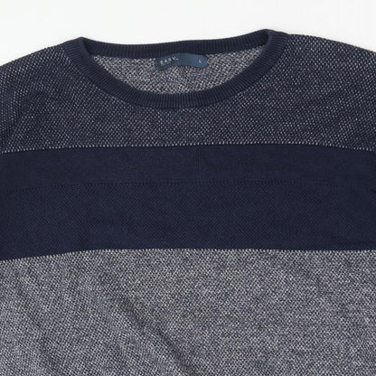 Easy Mens Blue Round Neck Cotton Pullover Jumper Size L Long Sleeve - Colourblock