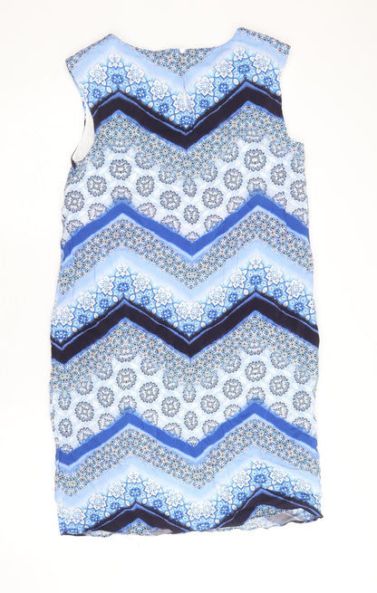 Wallis Womens Blue Geometric Polyester A-Line Size 8 Round Neck Button