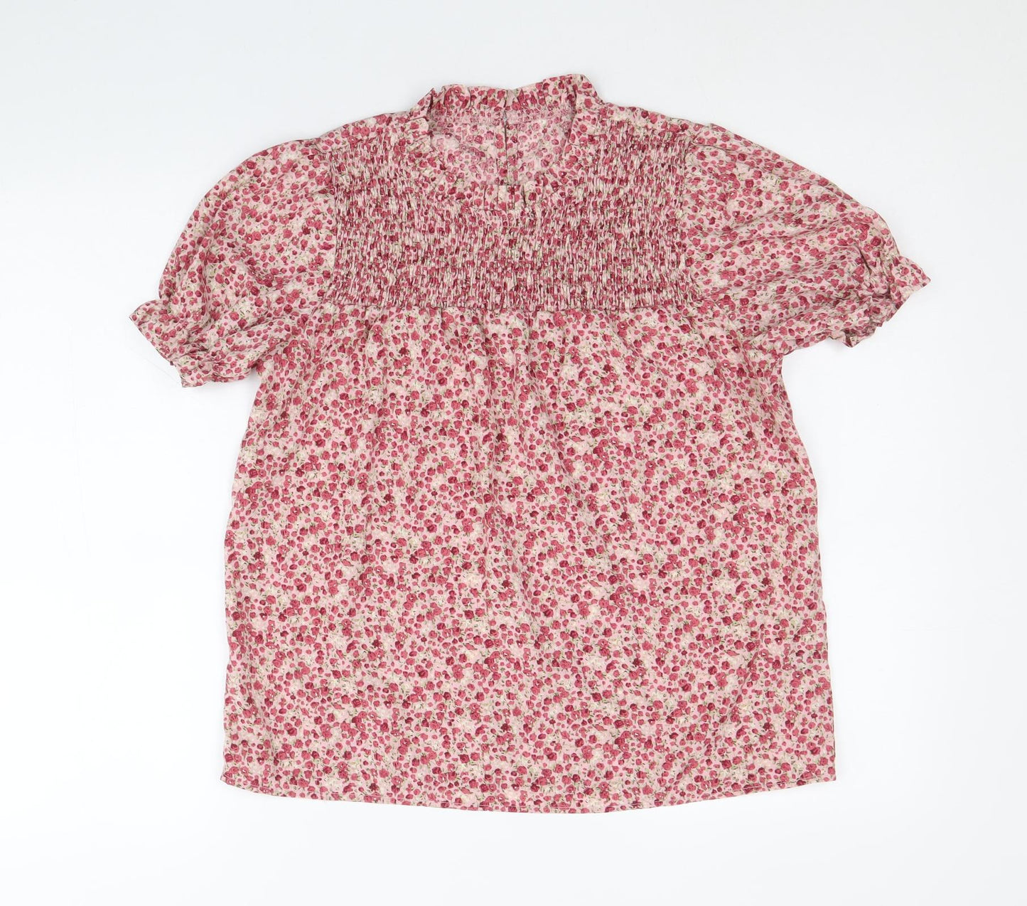 SheIn Womens Pink Floral Polyester Basic Blouse Size S Round Neck