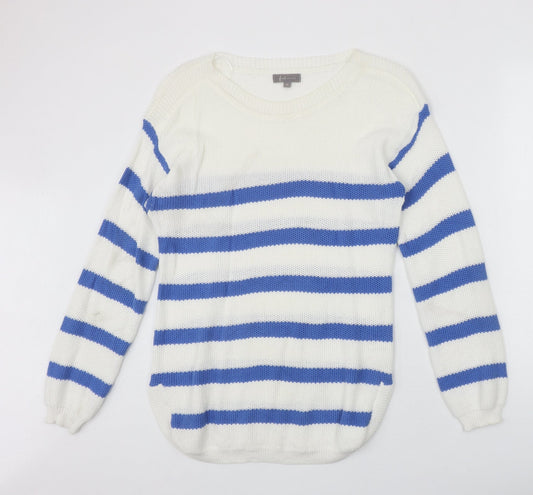 First Avenue Womens Ivory Round Neck Striped Cotton Pullover Jumper Size S