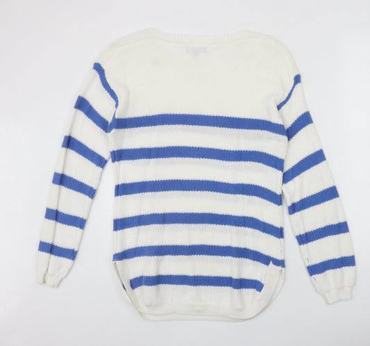 First Avenue Womens Ivory Round Neck Striped Cotton Pullover Jumper Size S