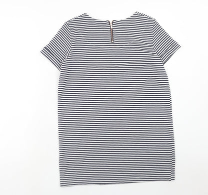 F&F Womens Blue Striped Polyester T-Shirt Dress Size 10 Round Neck Zip