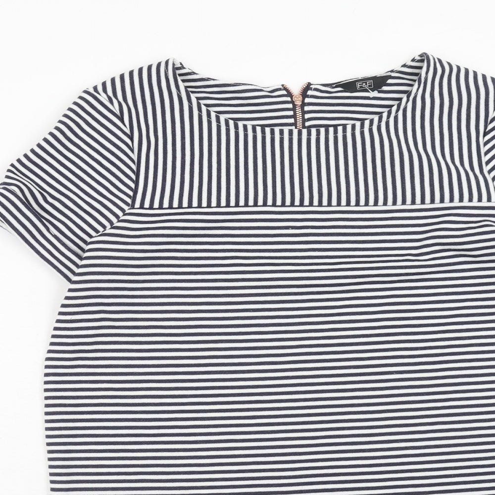 F&F Womens Blue Striped Polyester T-Shirt Dress Size 10 Round Neck Zip