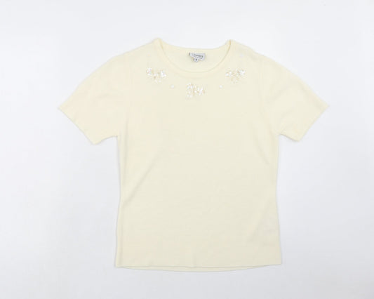 First Avenue Womens Ivory Acrylic Basic T-Shirt Size M Round Neck