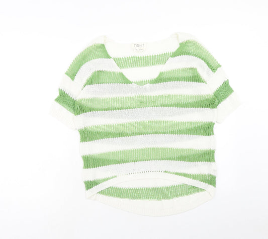 NEXT Womens Green V-Neck Striped Acrylic Pullover Jumper Size 14