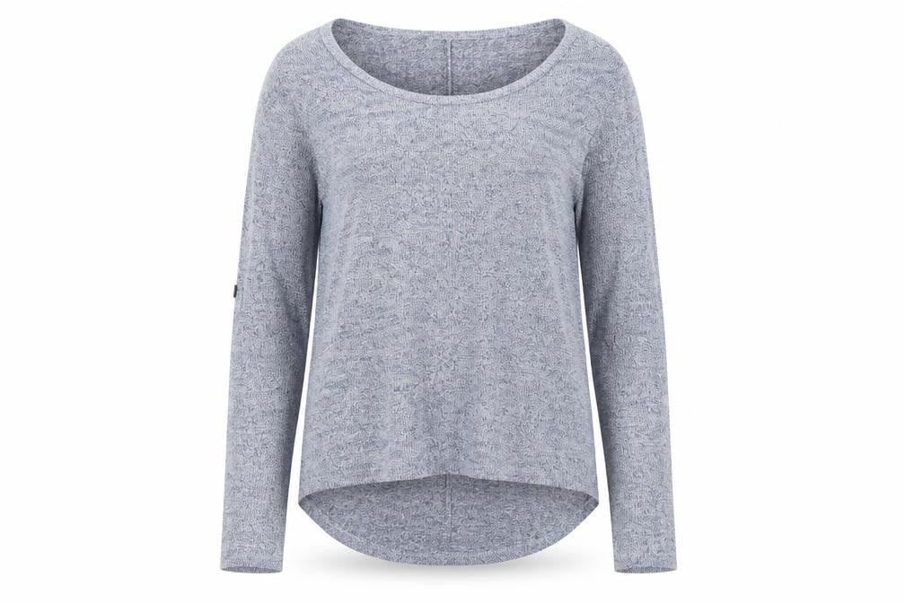 Front view of Izabelle London women’s blue crew neck viscose jumper, size UK 8, pullover
