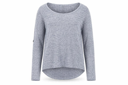 Front view of Izabelle London women’s blue crew neck viscose jumper, size UK 8, pullover
