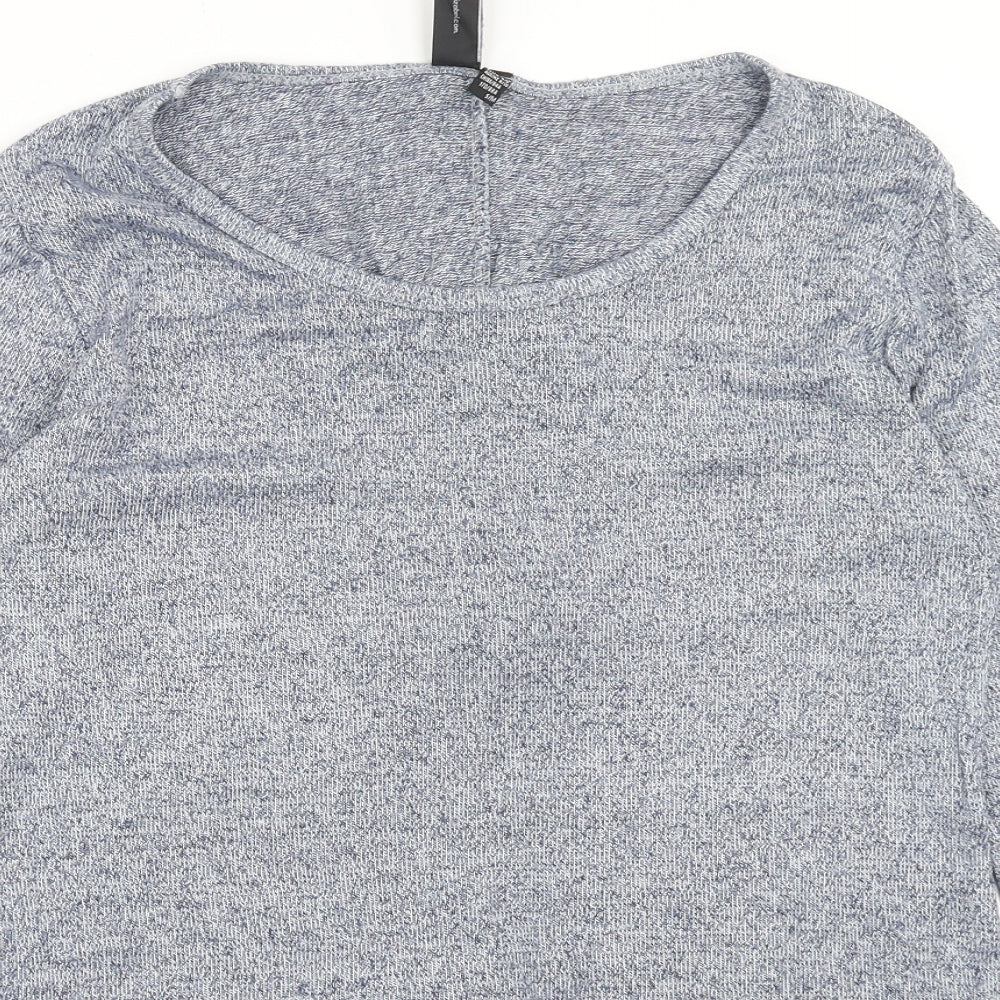 Close-up detail of Izabelle London women’s blue crew neck viscose jumper, size UK 8, pullover