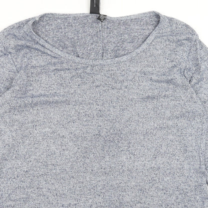 Close-up detail of Izabelle London women’s blue crew neck viscose jumper, size UK 8, pullover