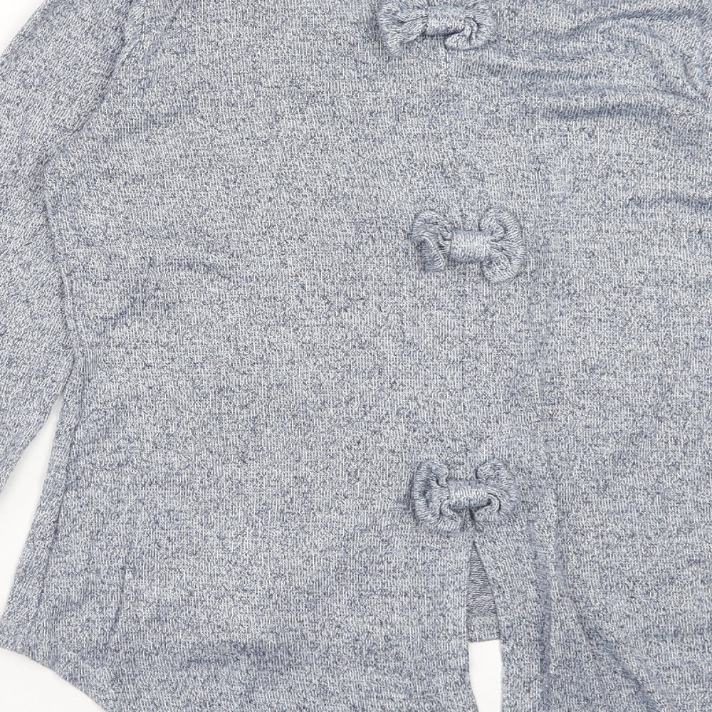 Brand and care label for Izabelle London women’s blue crew neck viscose jumper, size UK 8, pullover