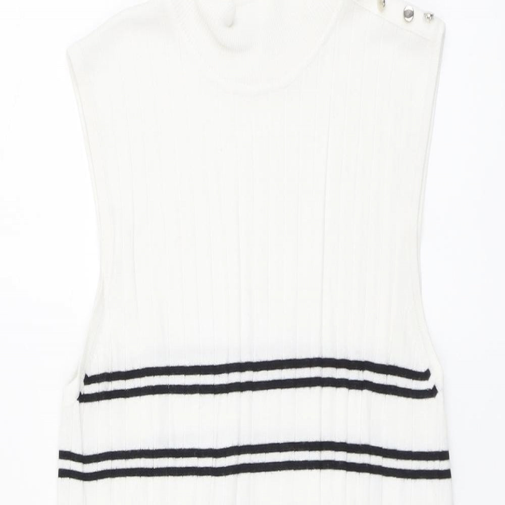 F&F Womens White Striped Viscose Basic Blouse Size 14 Mock Neck
