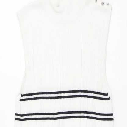 F&F Womens White Striped Viscose Basic Blouse Size 14 Mock Neck