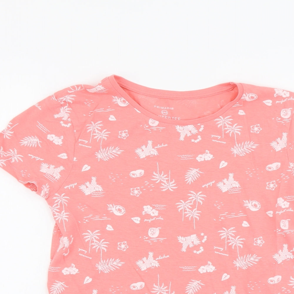 Primark Womens Orange Geometric Cotton Basic T-Shirt Size 2XS Round Neck - Tropical Print