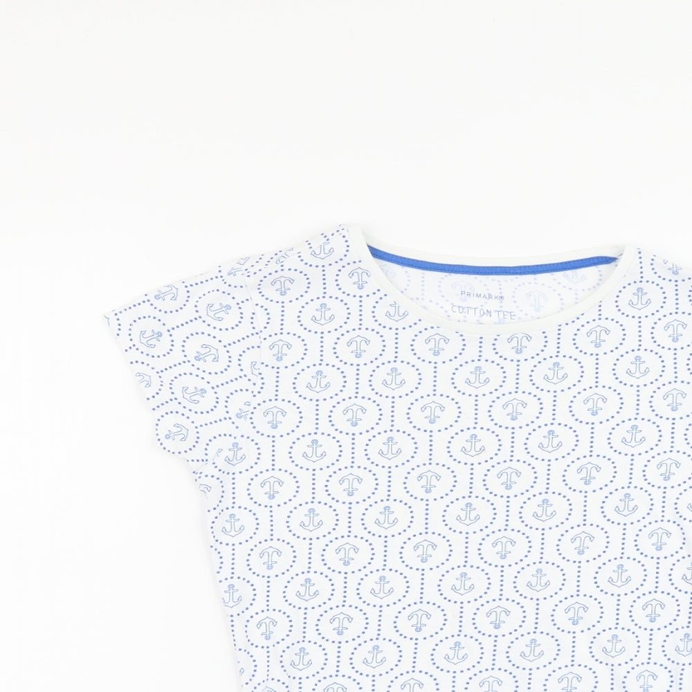 Primark Womens Blue Geometric Cotton Basic T-Shirt Size 4 Round Neck - Anchor