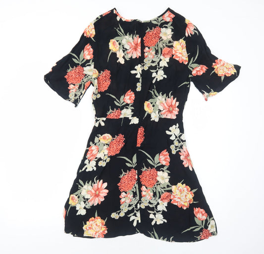 Miss Selfridge Womens Black Floral Polyester Fit & Flare Size 12 Round Neck Zip