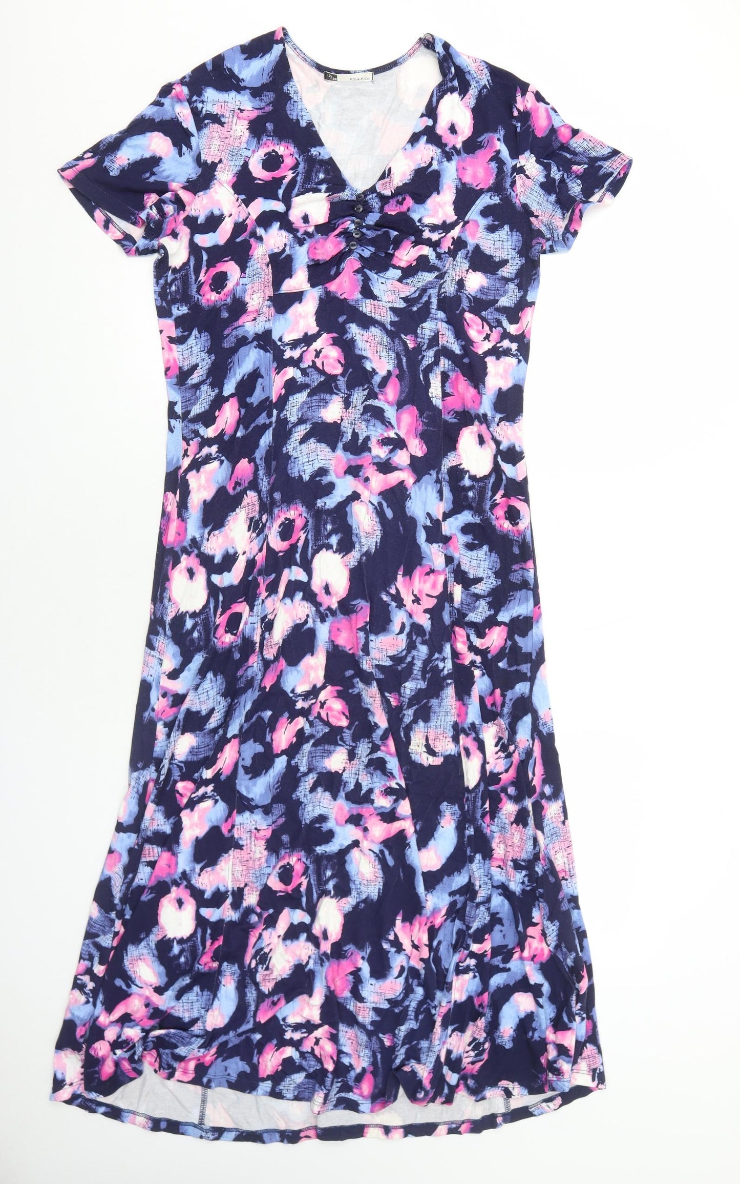 VIZ-A-VIZ Womens Blue Geometric Viscose A-Line Size 12 V-Neck Pullover