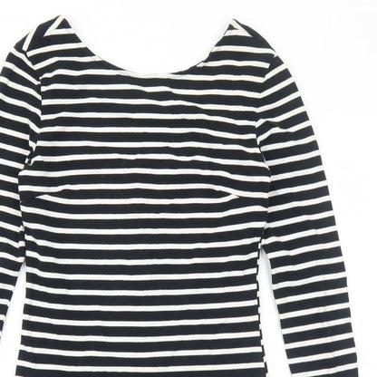 Preworn Womens Black Striped Cotton Bodycon Size M Round Neck Zip
