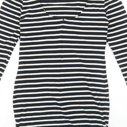 Preworn Womens Black Striped Cotton Bodycon Size M Round Neck Zip
