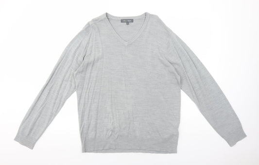 Marks and Spencer Mens Grey V-Neck Acrylic Pullover Jumper Size L Long Sleeve