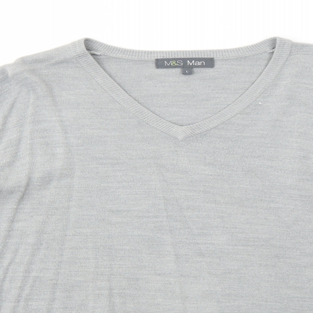 Marks and Spencer Mens Grey V-Neck Acrylic Pullover Jumper Size L Long Sleeve