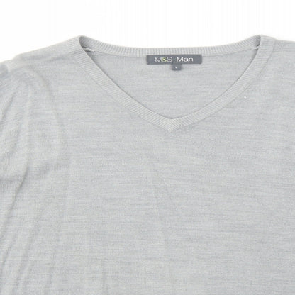 Marks and Spencer Mens Grey V-Neck Acrylic Pullover Jumper Size L Long Sleeve