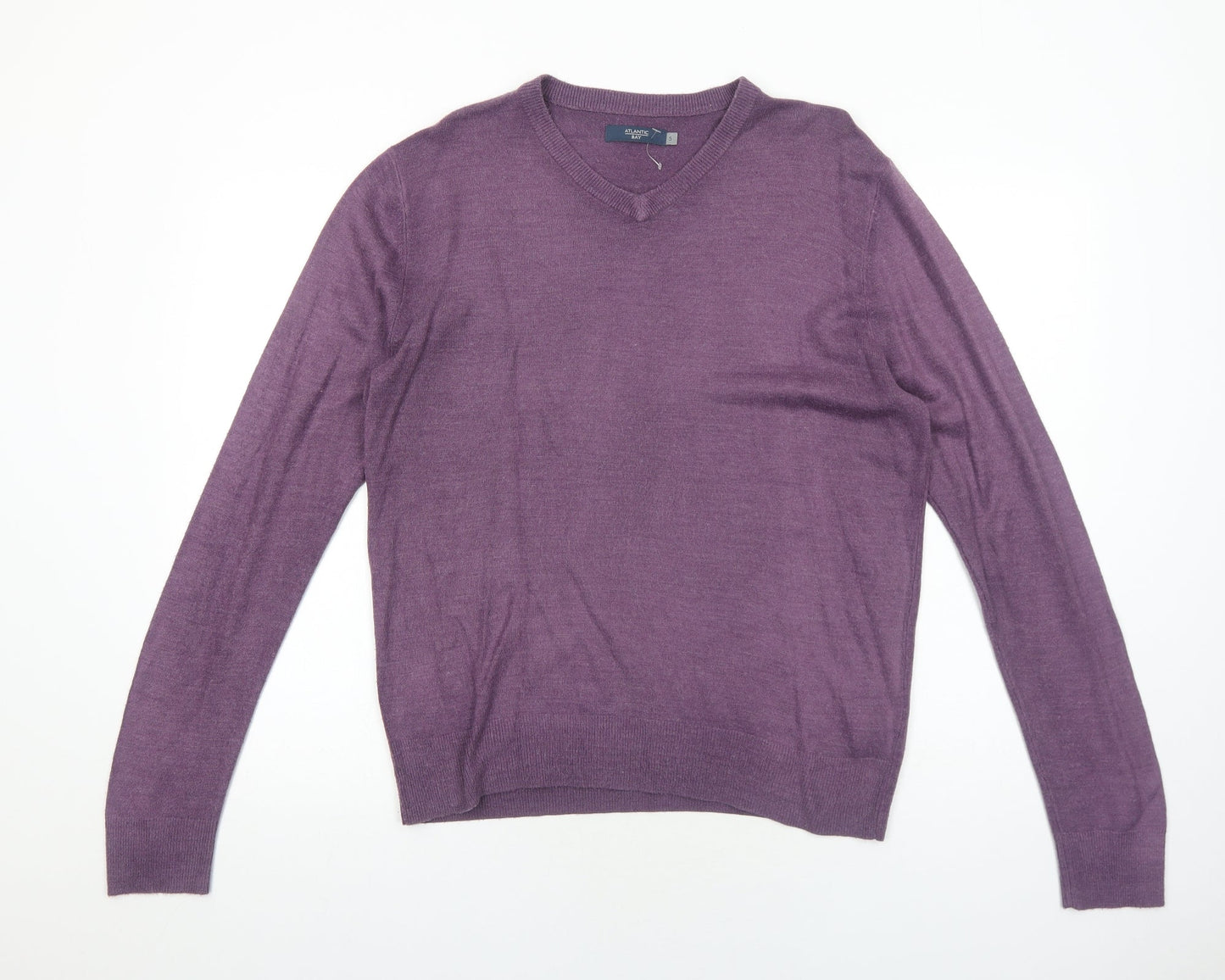 Atlantic Bay Mens Purple V-Neck Acrylic Pullover Jumper Size S Long Sleeve