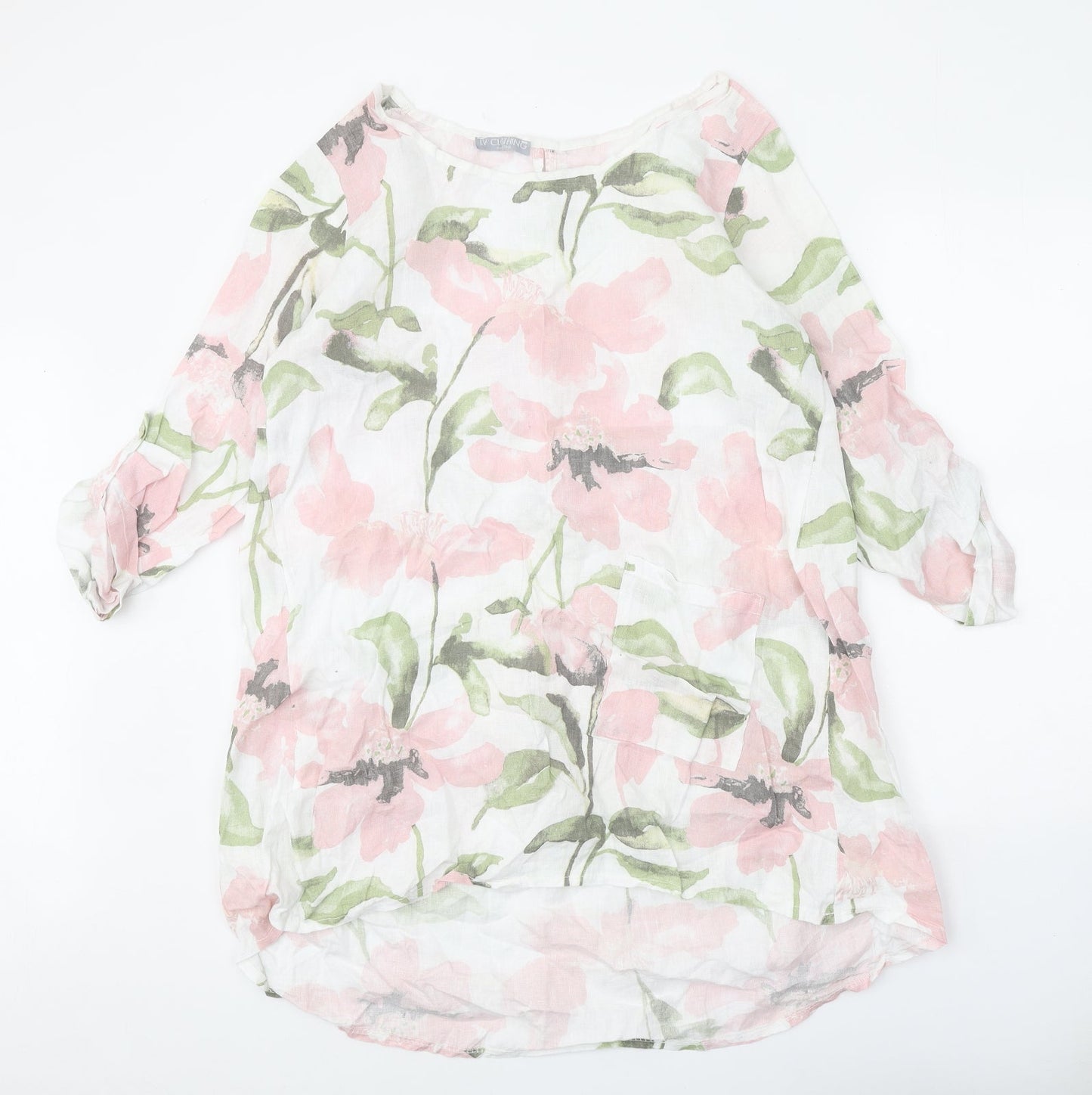 LV Clothing Womens White Floral Linen A-Line One Size Round Neck Pullover