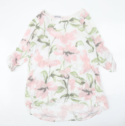 LV Clothing Womens White Floral Linen A-Line One Size Round Neck Pullover
