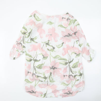 LV Clothing Womens White Floral Linen A-Line One Size Round Neck Pullover