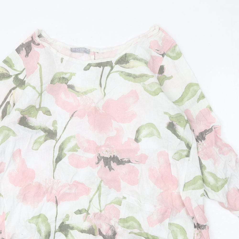 LV Clothing Womens White Floral Linen A-Line One Size Round Neck Pullover