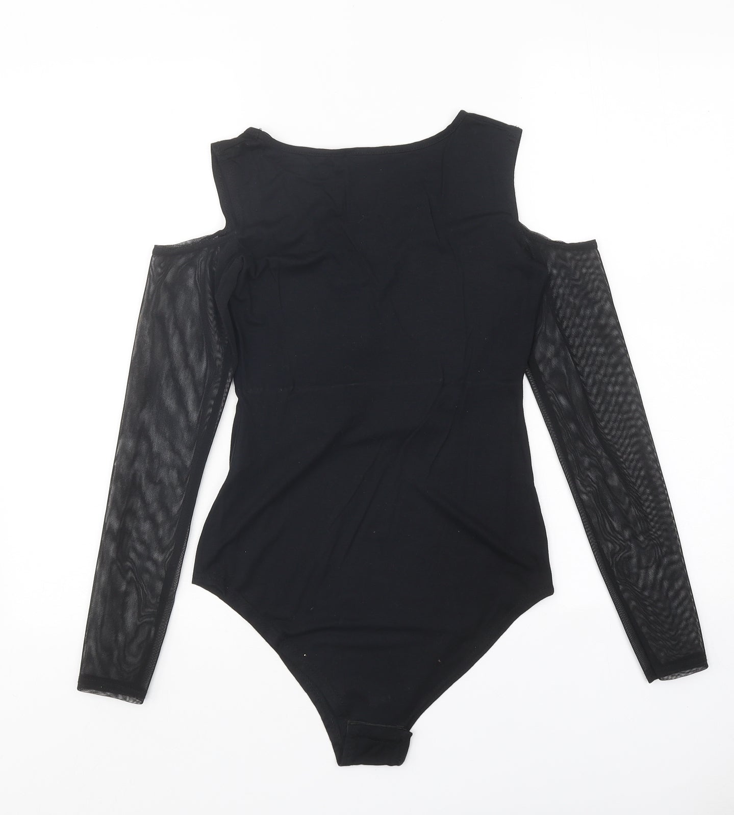 Select Womens Black Floral Viscose Bodysuit One-Piece Size 8 Snap - Cold Shoulder Mesh Sleeve