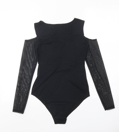 Select Womens Black Floral Viscose Bodysuit One-Piece Size 8 Snap - Cold Shoulder Mesh Sleeve