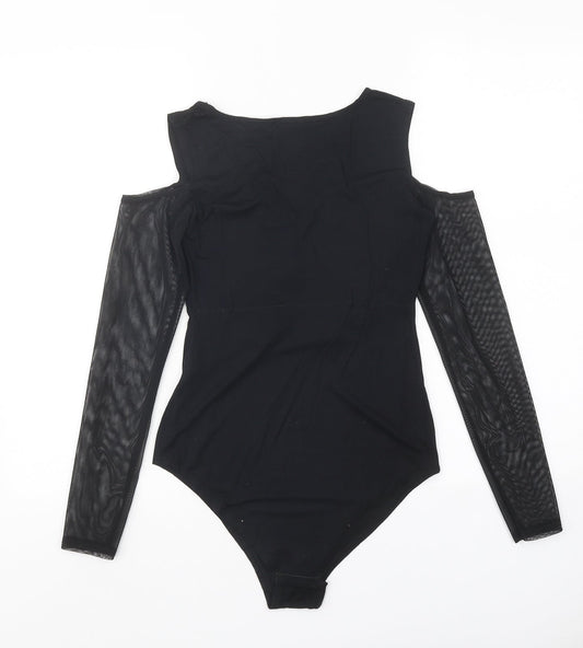 Select Womens Black Floral Viscose Bodysuit One-Piece Size 8 Snap - Cold Shoulder Mesh Sleeve