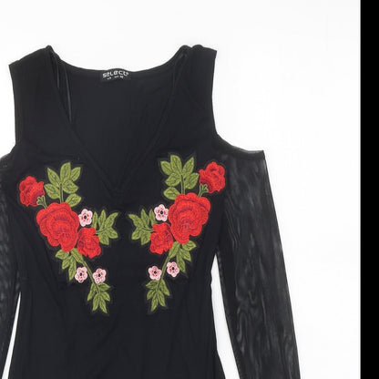 Select Womens Black Floral Viscose Bodysuit One-Piece Size 8 Snap - Cold Shoulder Mesh Sleeve