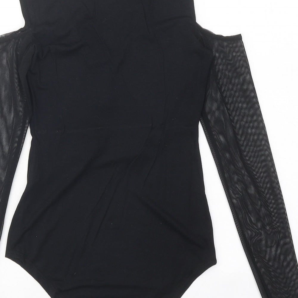 Select Womens Black Floral Viscose Bodysuit One-Piece Size 8 Snap - Cold Shoulder Mesh Sleeve